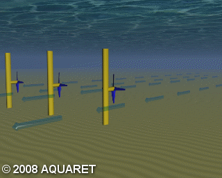 Hvordan en turbin kan settes opp for å utnytte energien i havstrømmene. Animasjon: Aquaret.com