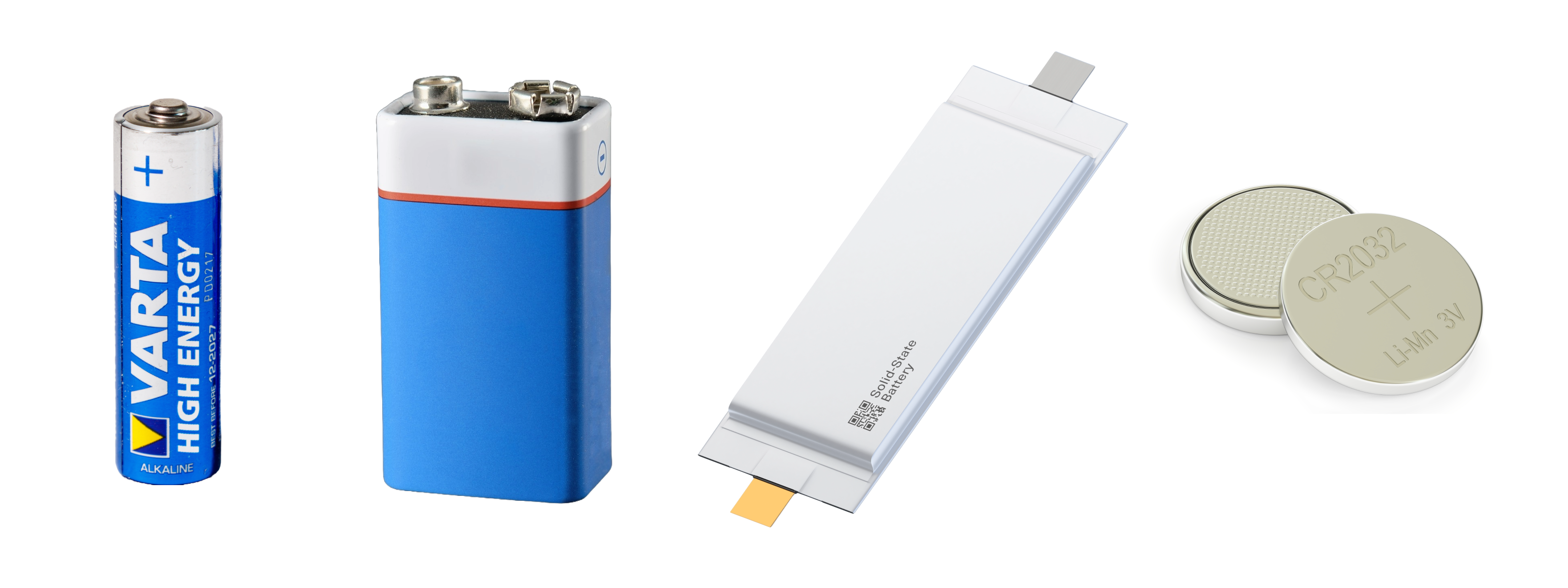 Et sylindrisk-, prismatisk-, pose- og knappcellebatteri
